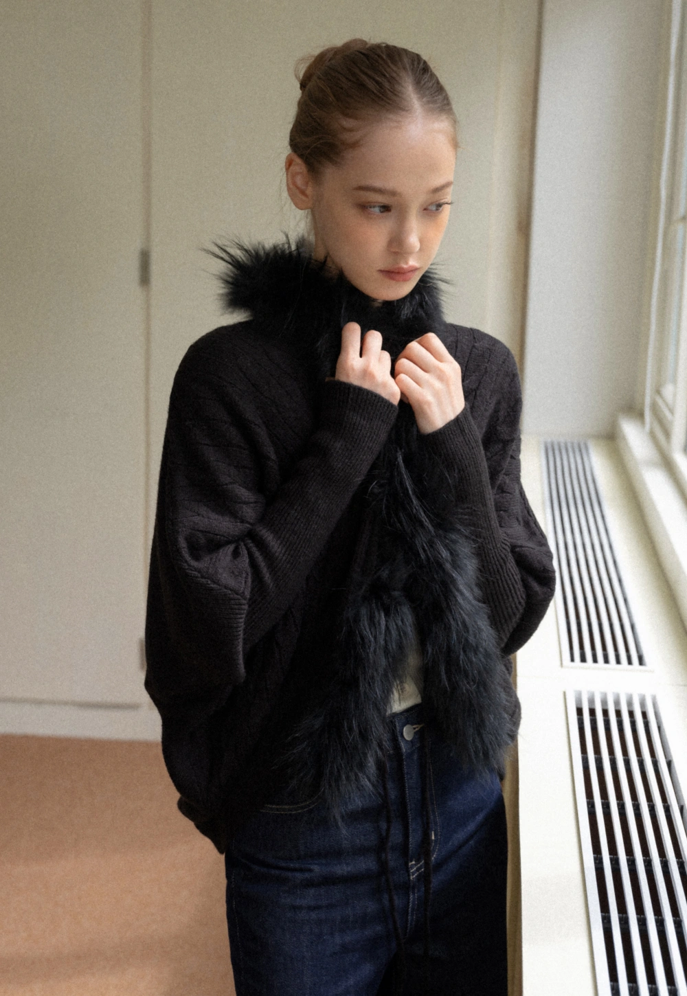 Faux Fur Collar Cable Knit Poncho Sweater for Women