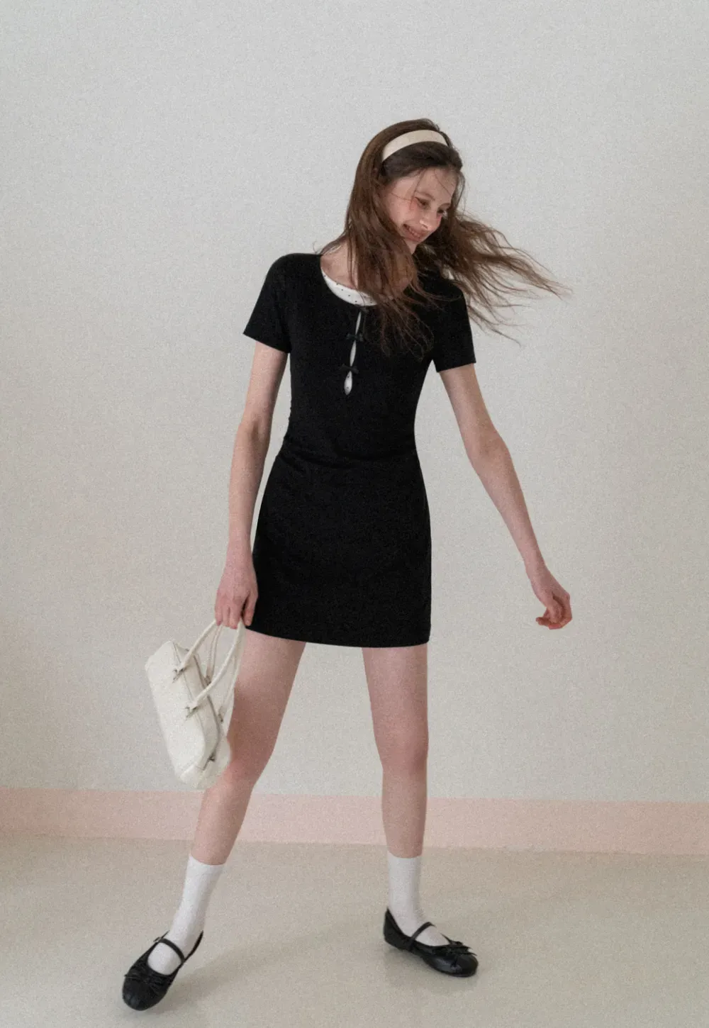 Short Sleeve Dress with Polka Dot Collar and Front Knot Detail