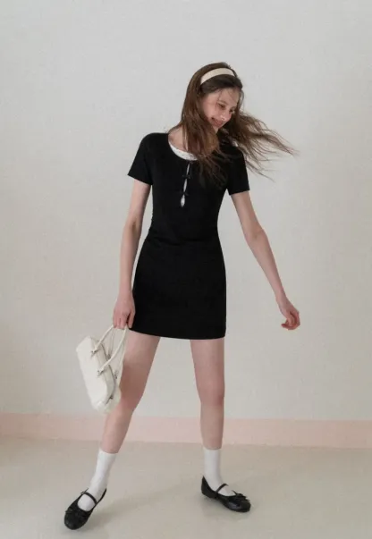 Short Sleeve Dress with Polka Dot Collar and Front Knot Detail