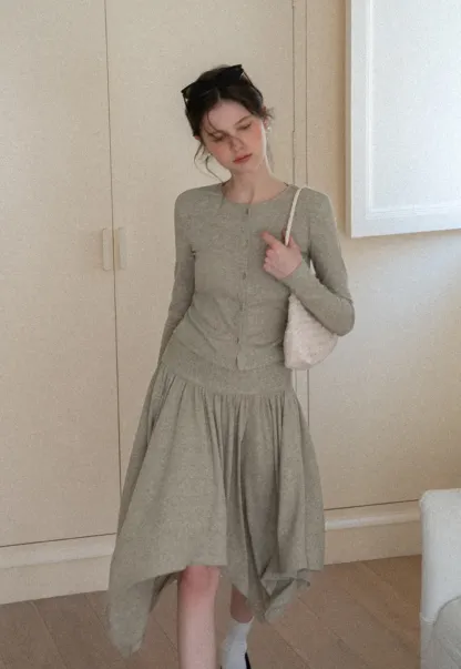 Long sleeve button front top and asymmetrical skirt