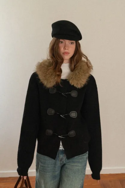 Faux Fur Hooded Cable Knit Sweater