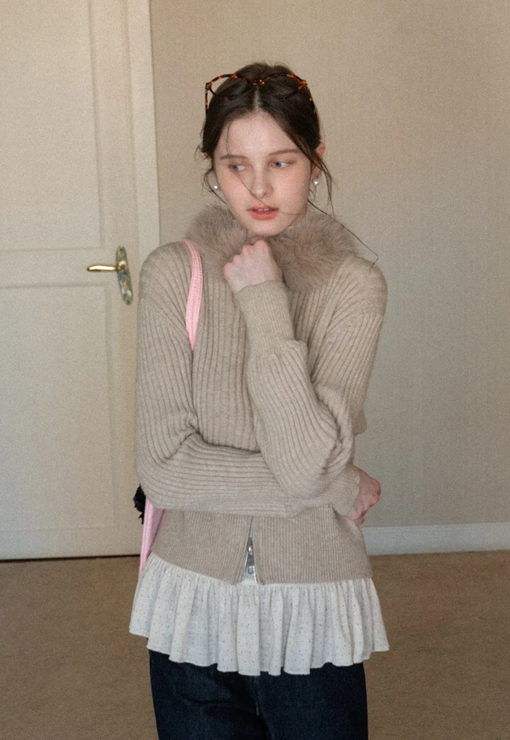 Ribbed knit sweater with fur collar detail