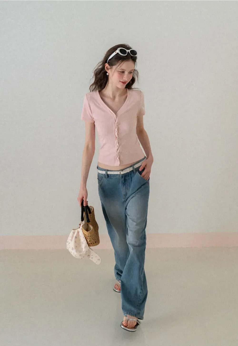 V neck short sleeve button front top