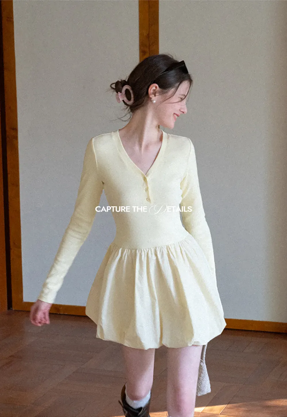 V neck long sleeve dress with flared skirt