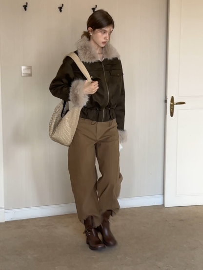 Women Faux Suede Fur Trim Short Winter Jacket