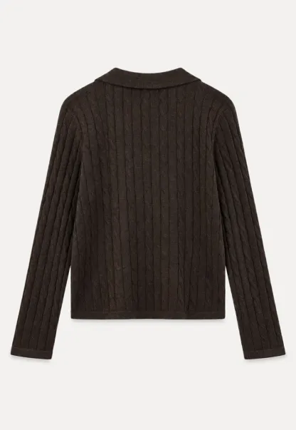 Ribbed Knit Cardigan with Collar and Patch Pockets