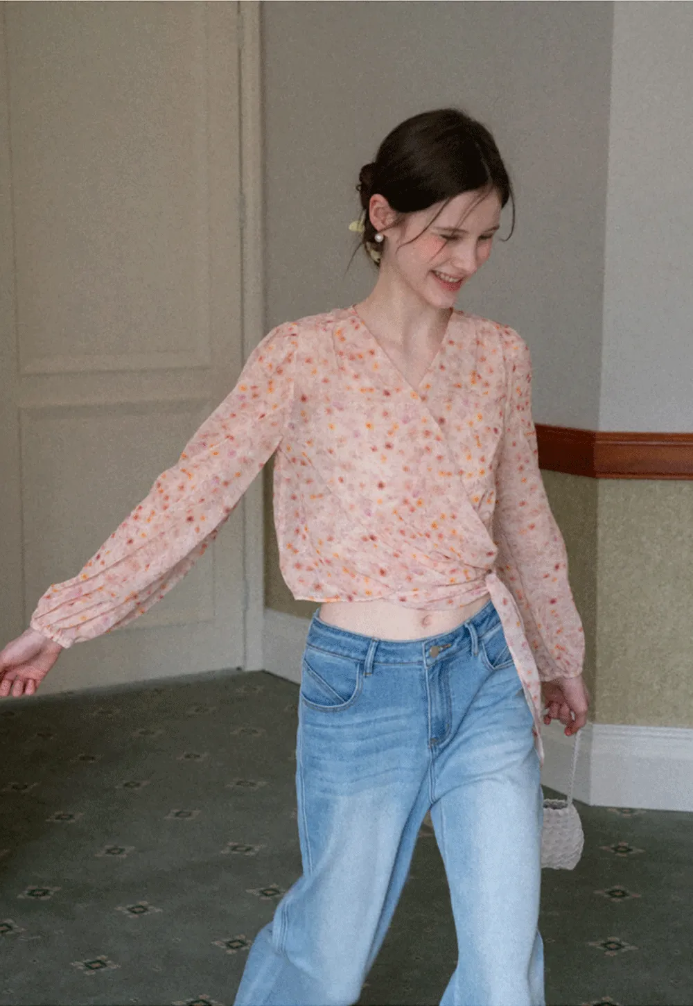 Lace Chiffon Wrap Blouse with Long Sleeves