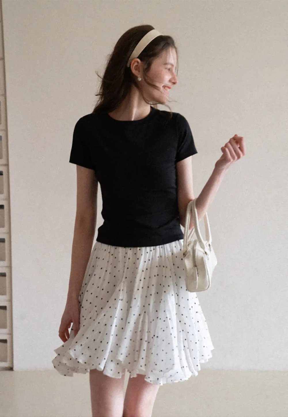 Polka dot pleated skirt with elastic waistband