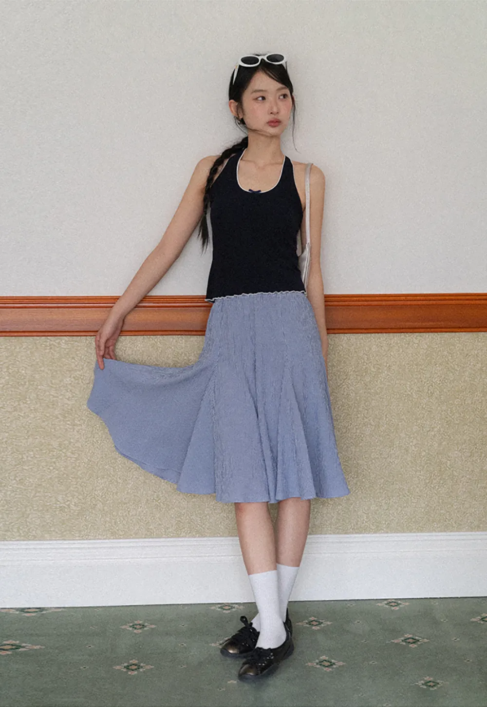 Gingham Pleated Flared Skirt