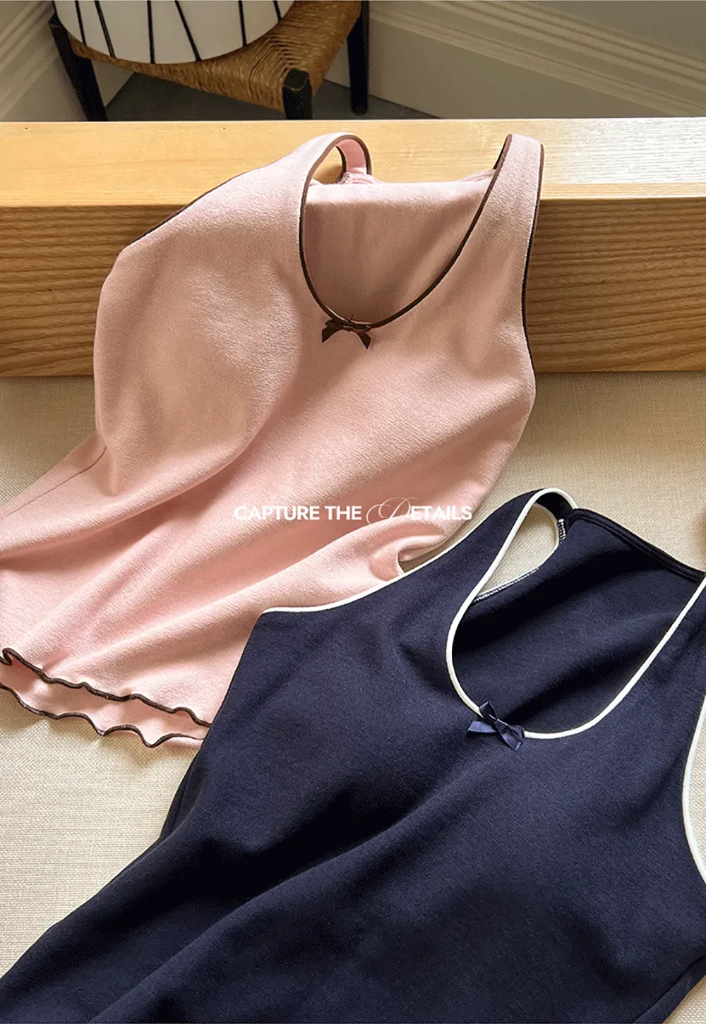 Halter neck tank top with thin straps and bow detail