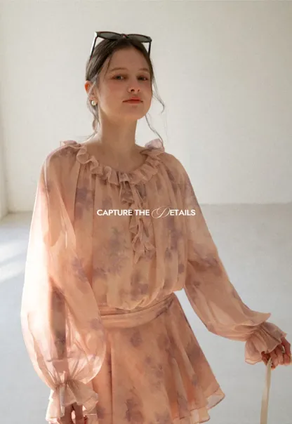 Floral Print Ruffled Neck Long Sleeve Dress