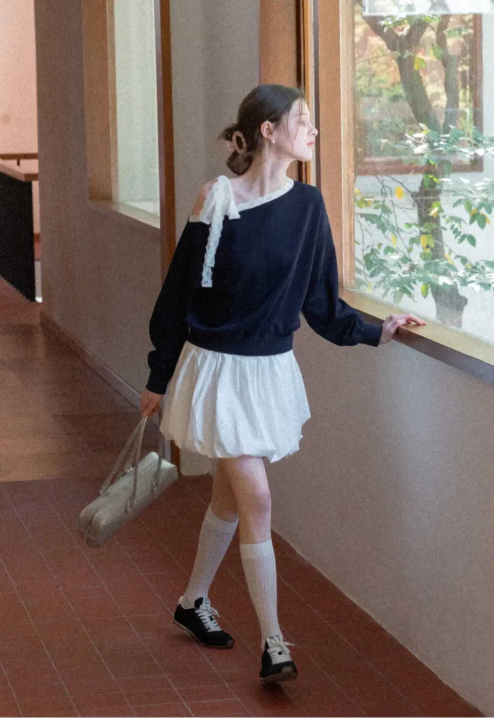 Off shoulder sweatshirt with lace trim detail