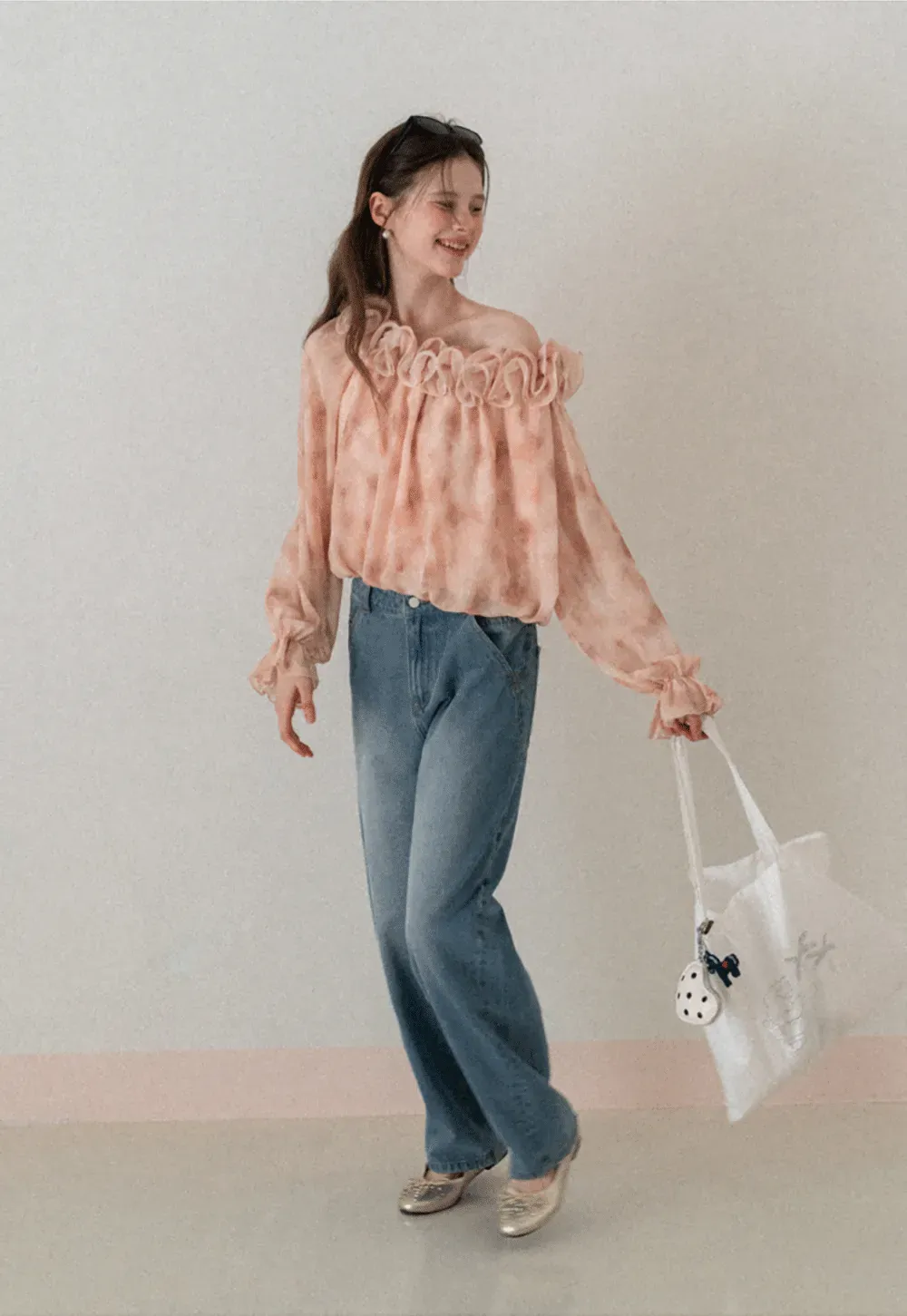 Off Shoulder Ruffled Lace Chiffon Blouse