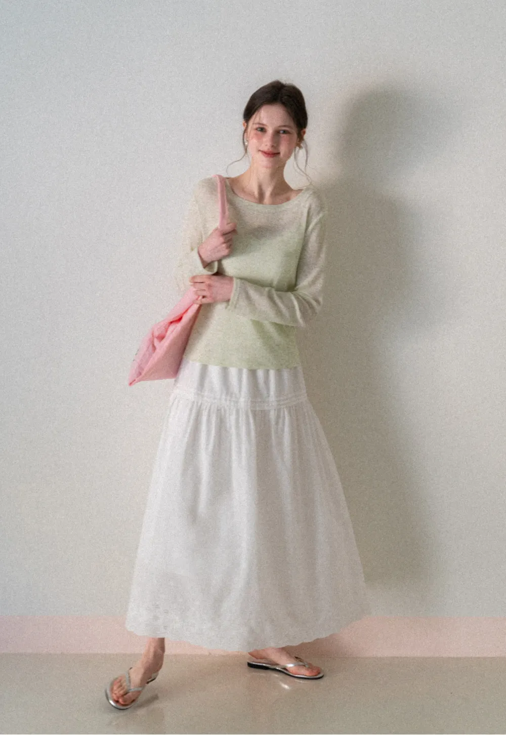 Long sleeve sheer knit top with round neckline