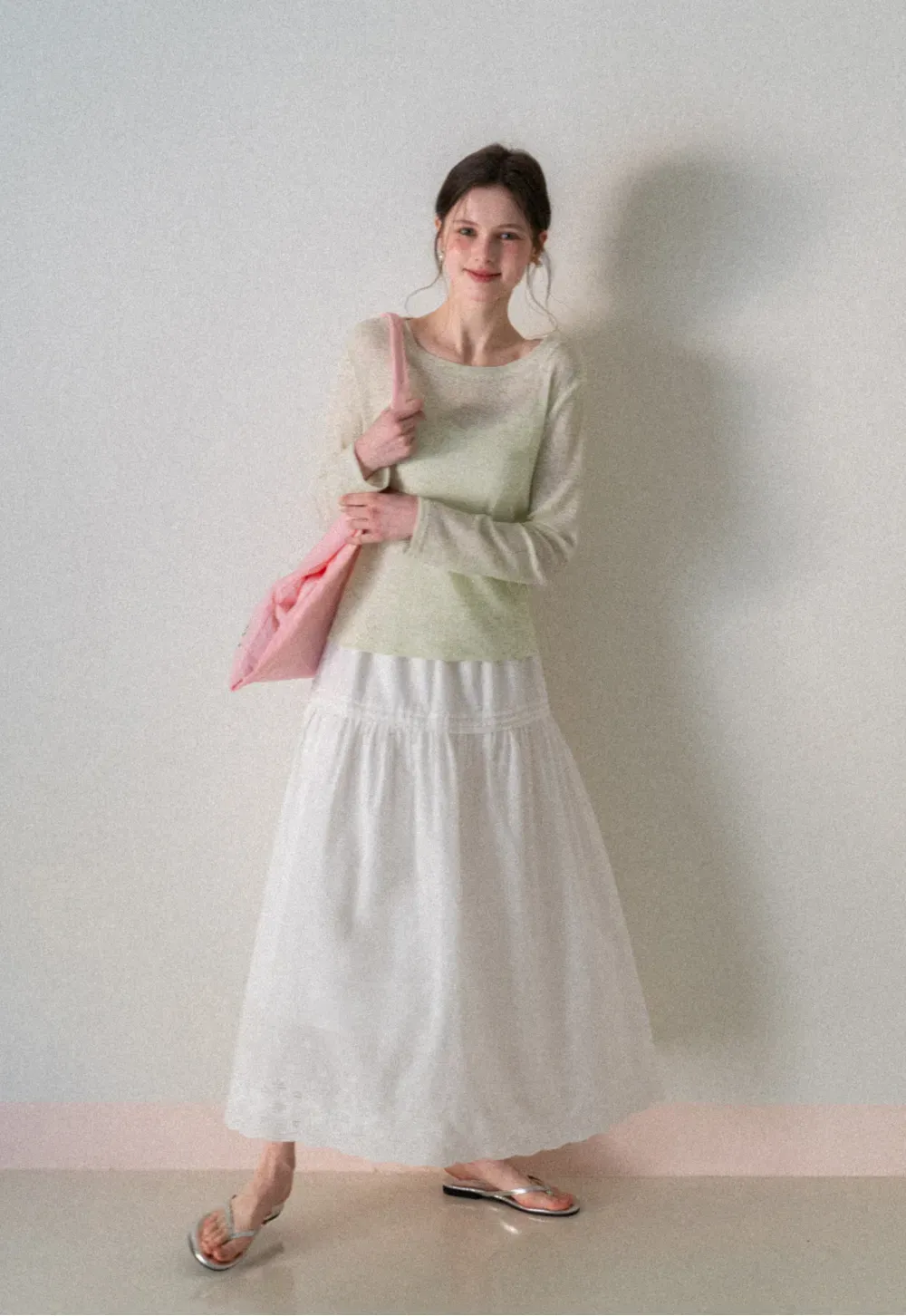 Long sleeve sheer knit top with round neckline