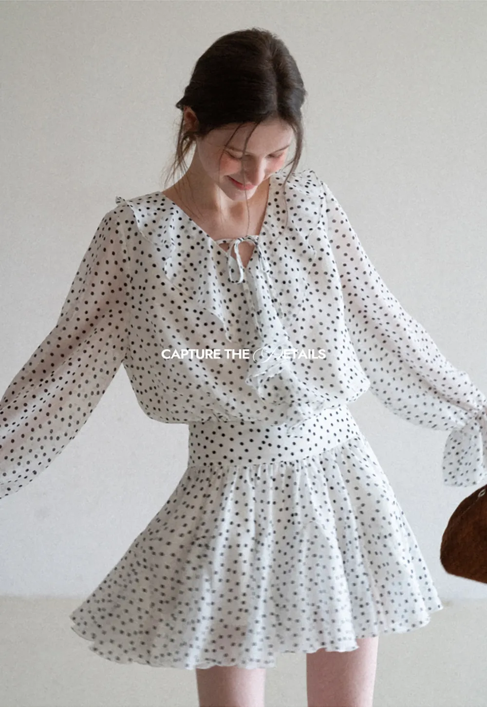 Polka Dot Ruffle Dress with V Neck and Long Sleeves