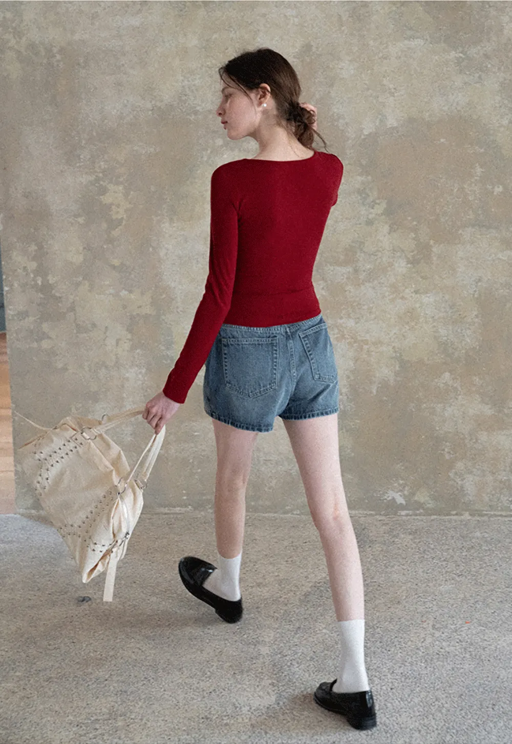 Denim Mini Skirt with Front Pocket and Frayed Hem