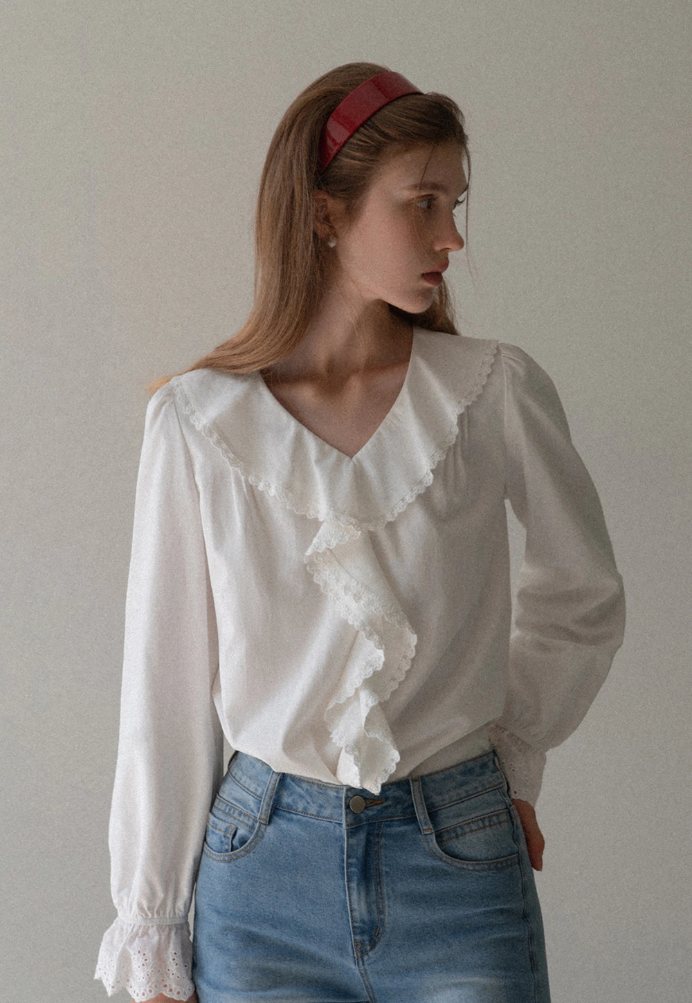 Women Ruffle Lace V Neck Long Sleeve Blouse