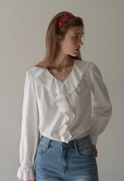 Women Ruffle Lace V Neck Long Sleeve Blouse