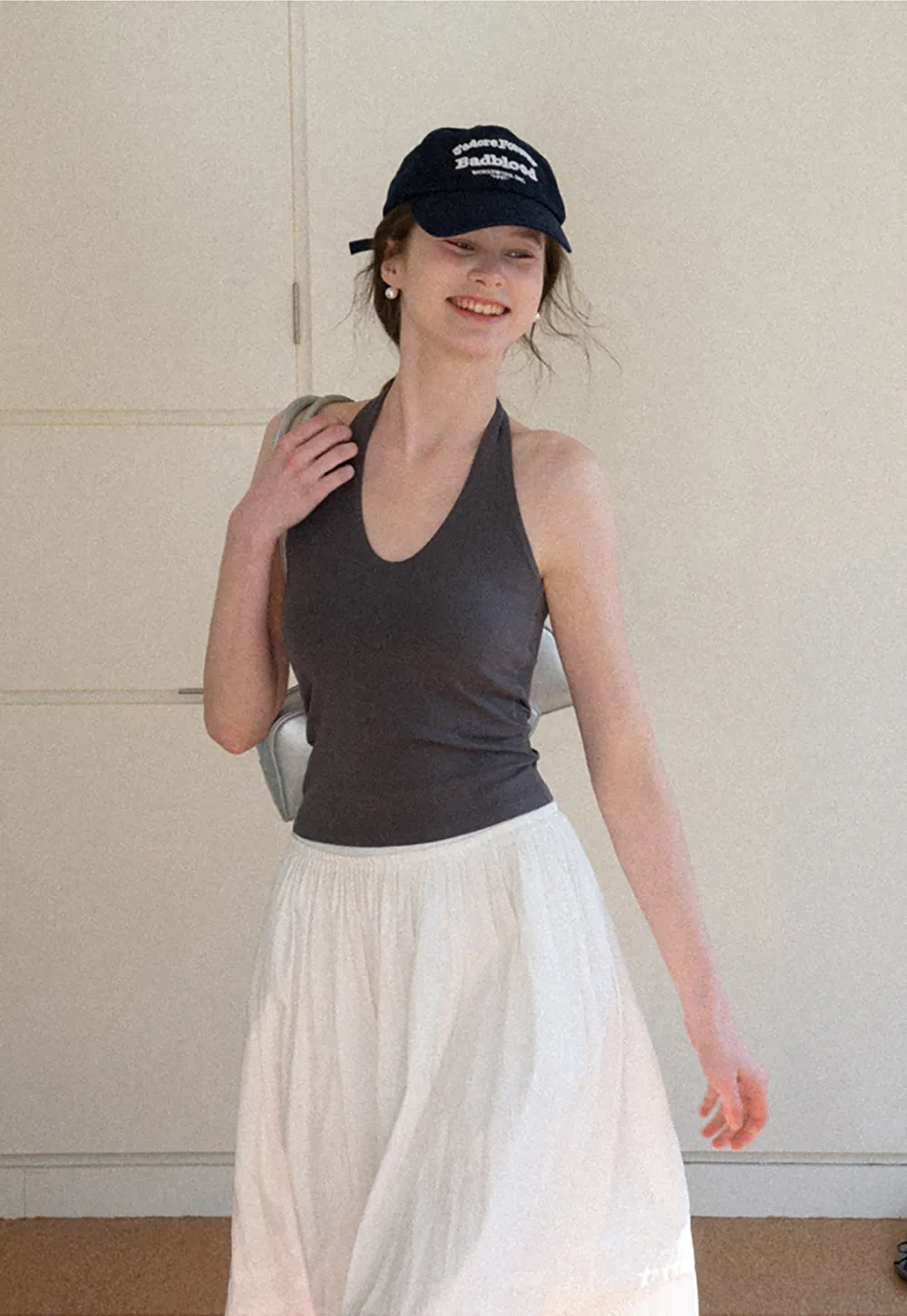 V neck halter tank top with fitted silhouette