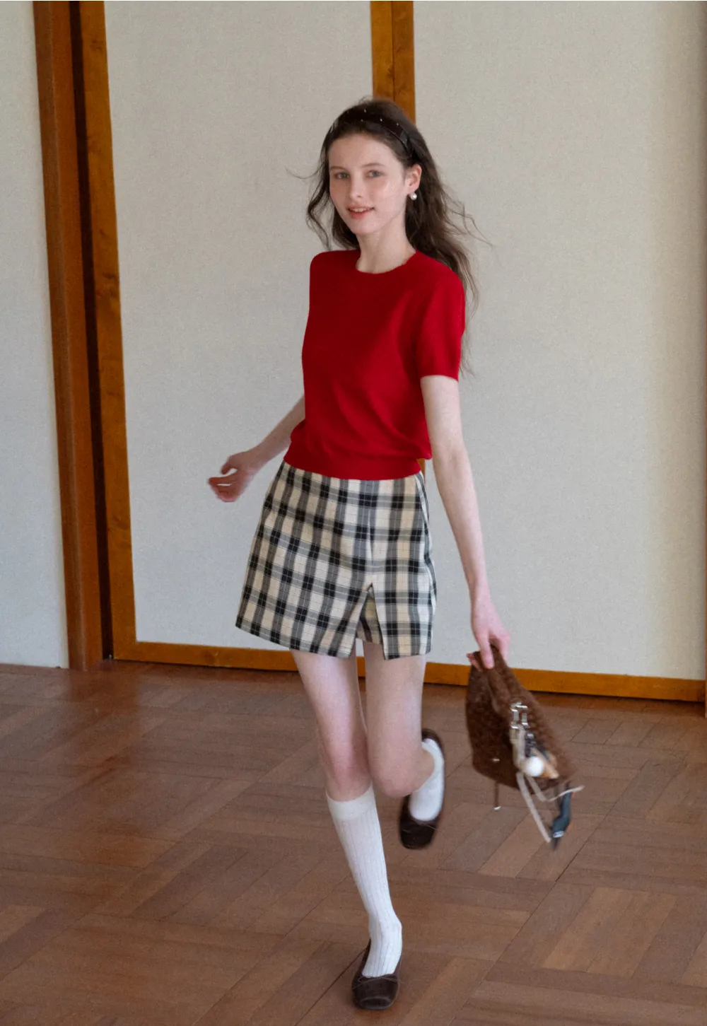 Plaid Skirt with Front Slit