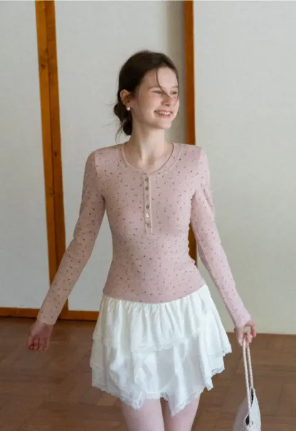 Long sleeve button front top with floral print