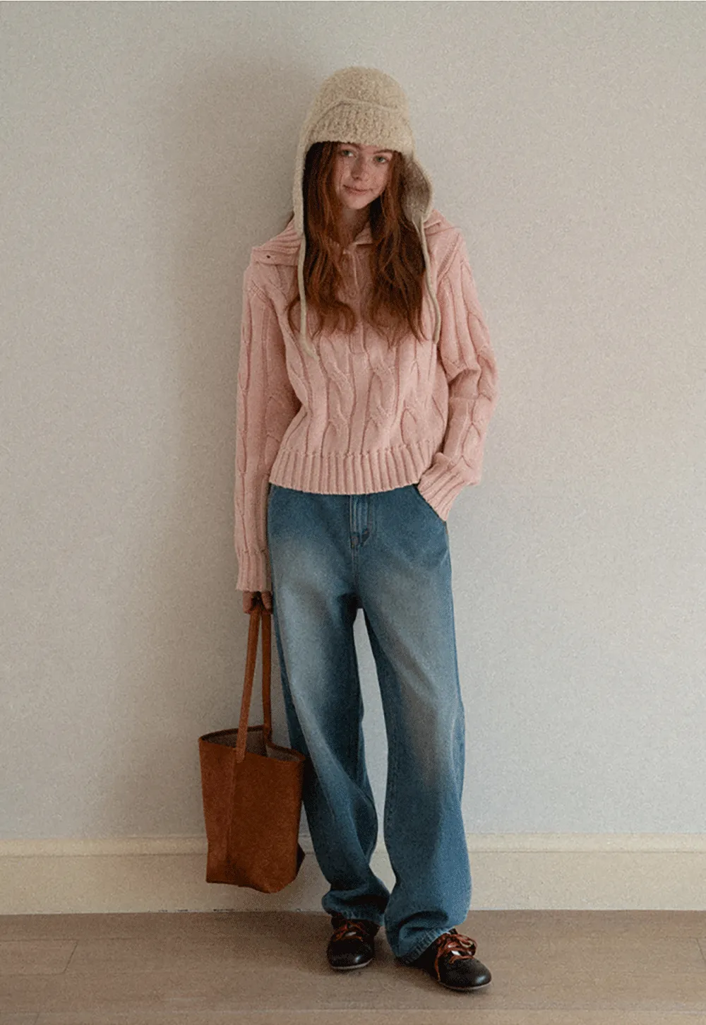 Cable Knit Turtleneck Sweater with Ribbed Sleeves and Hem