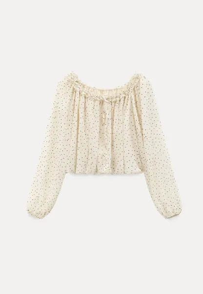 Polka Dot Ruffled Off Shoulder Chiffon Blouse