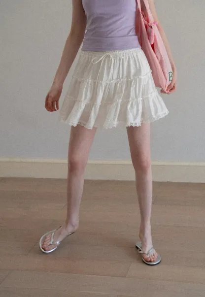 Tiered lace hem drawstring waist skirt