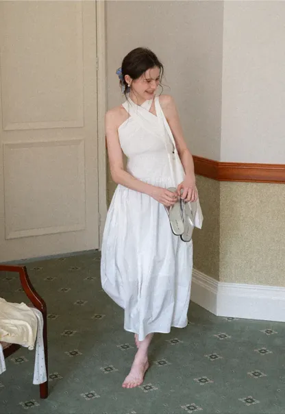 Halter Neck A Line Midi Dress with Pleated Skirt