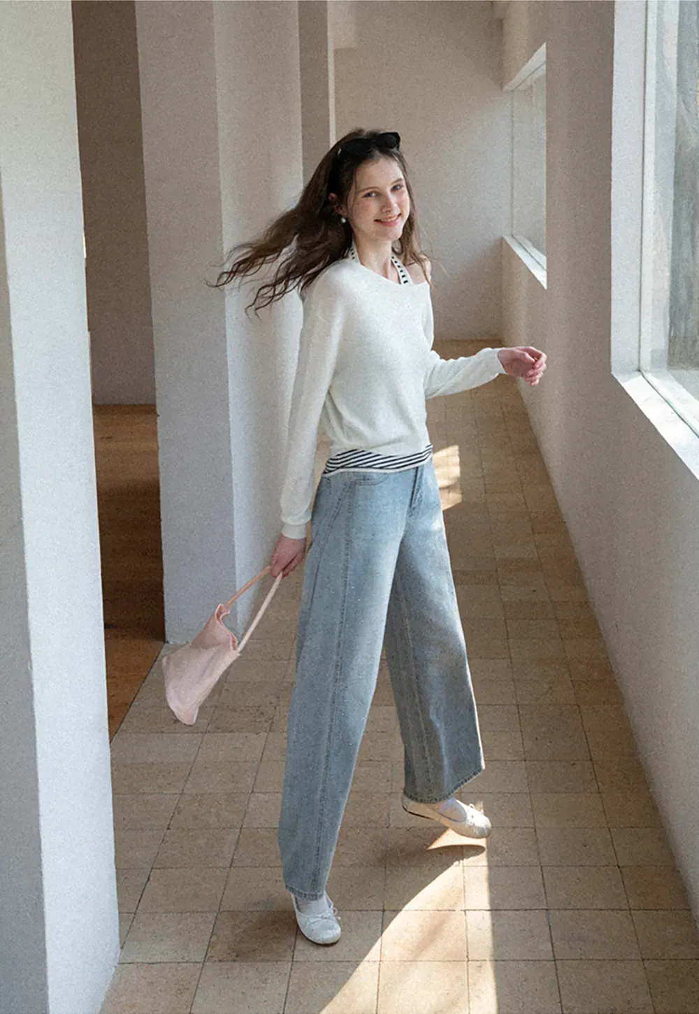 Off Shoulder Long Sleeve Knit Sweater with Striped Trim