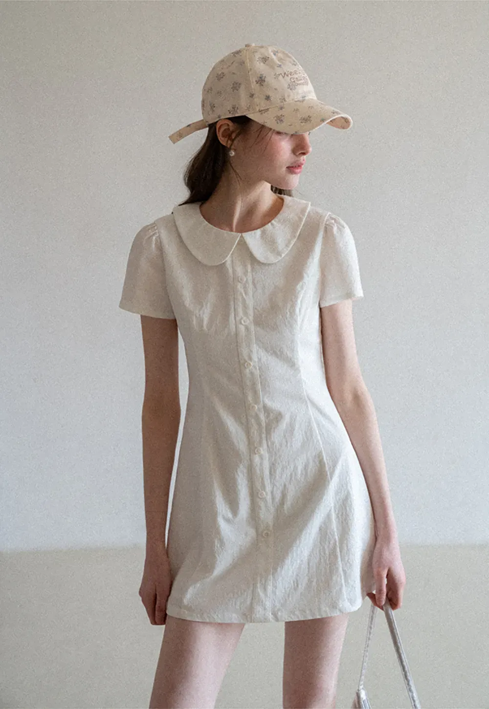 Button Front Dress with Peter Pan Collar and Short Sleeves