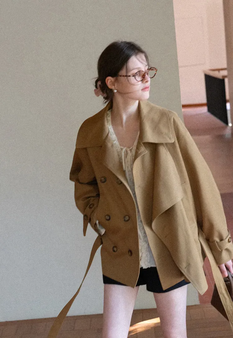 Double Breasted Short Jacket with Belted Waist