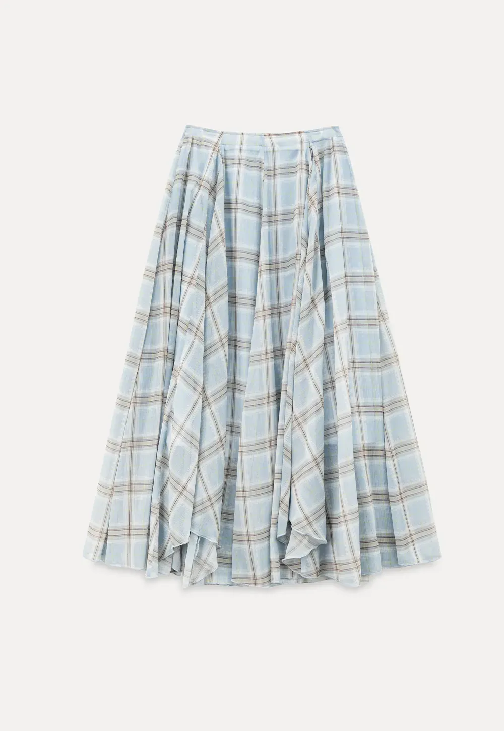 Pleated Plaid Midi Skirt with Asymmetrical Hem