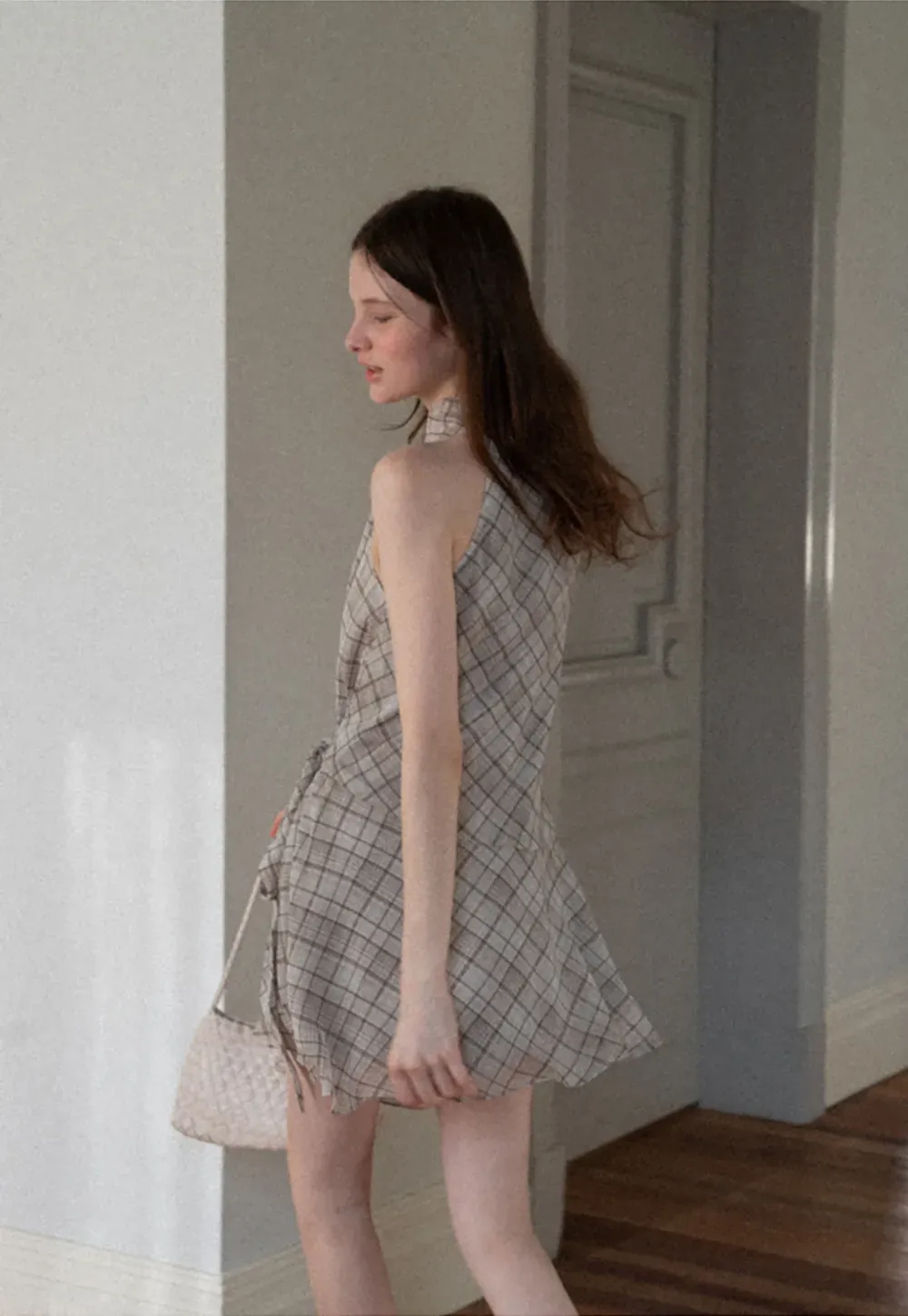 Plaid Halter Neck Wrap Dress with Side Tie