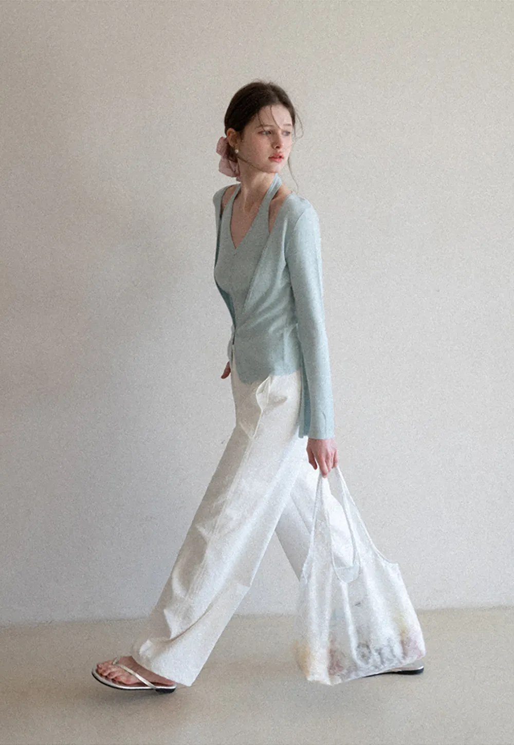 V neck long sleeve knit cardigan with open shoulders