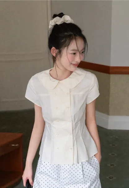 Short Sleeve Shirt with Peter Pan Collar and Peplum Hem