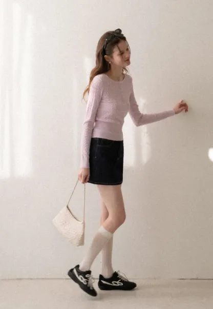 Cable Knit Long Sleeve Sweater with Button Detail