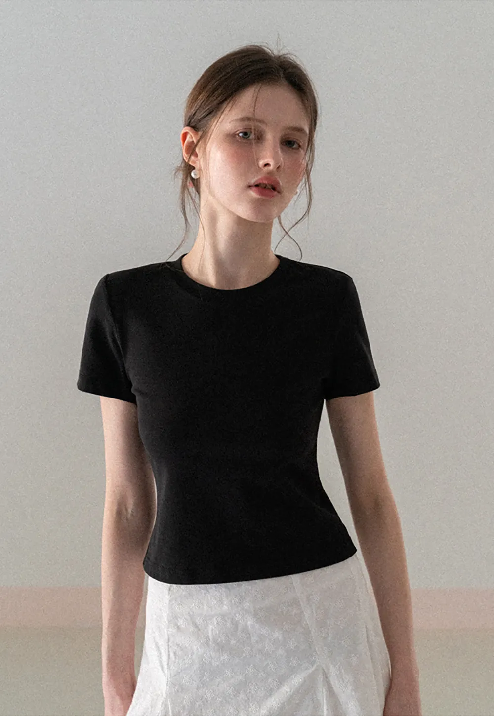 Short Sleeve Crew Neck T Shirt with Sheer Scarf Detail