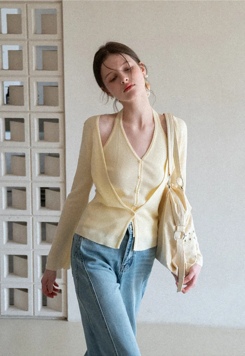 V neck long sleeve knit cardigan with open shoulders