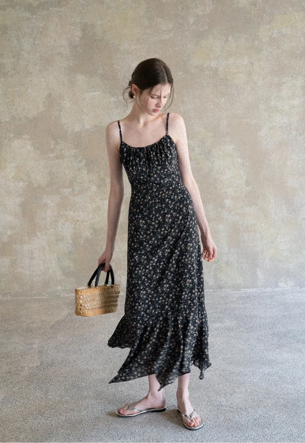 Floral Print Slip Dress with Thin Straps and Asymmetrical Hem