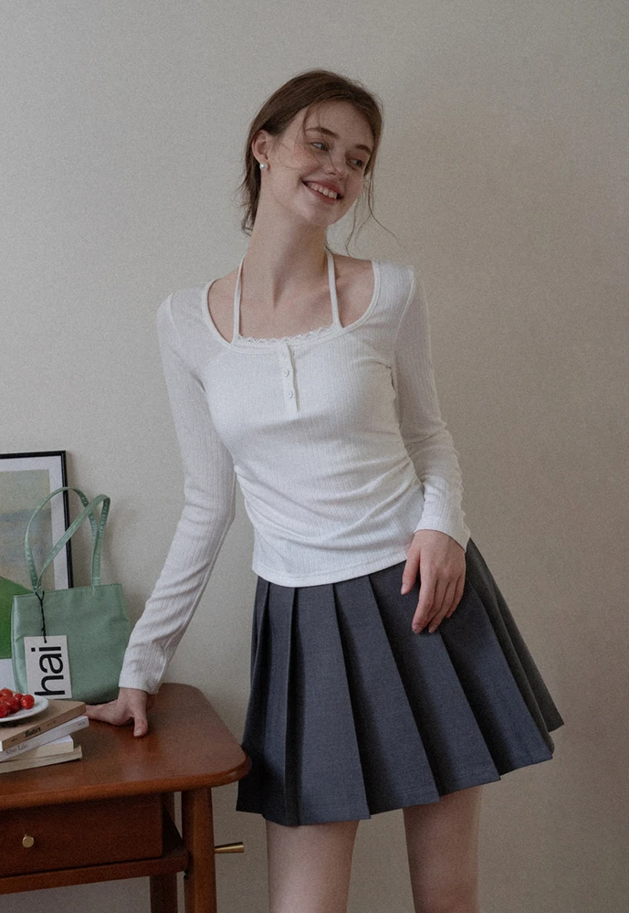 Long Sleeve Square Neck Halter Crop Top