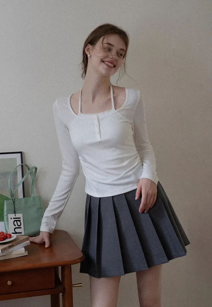 Long Sleeve Square Neck Halter Crop Top