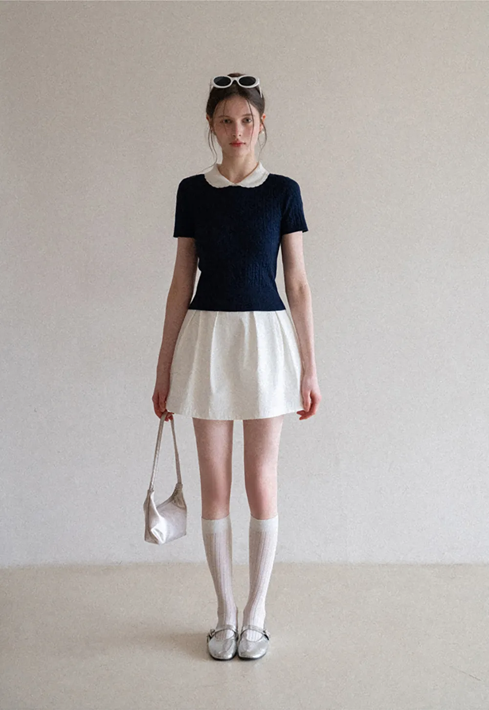 Cable Knit Short Sleeve Sweater with Collar