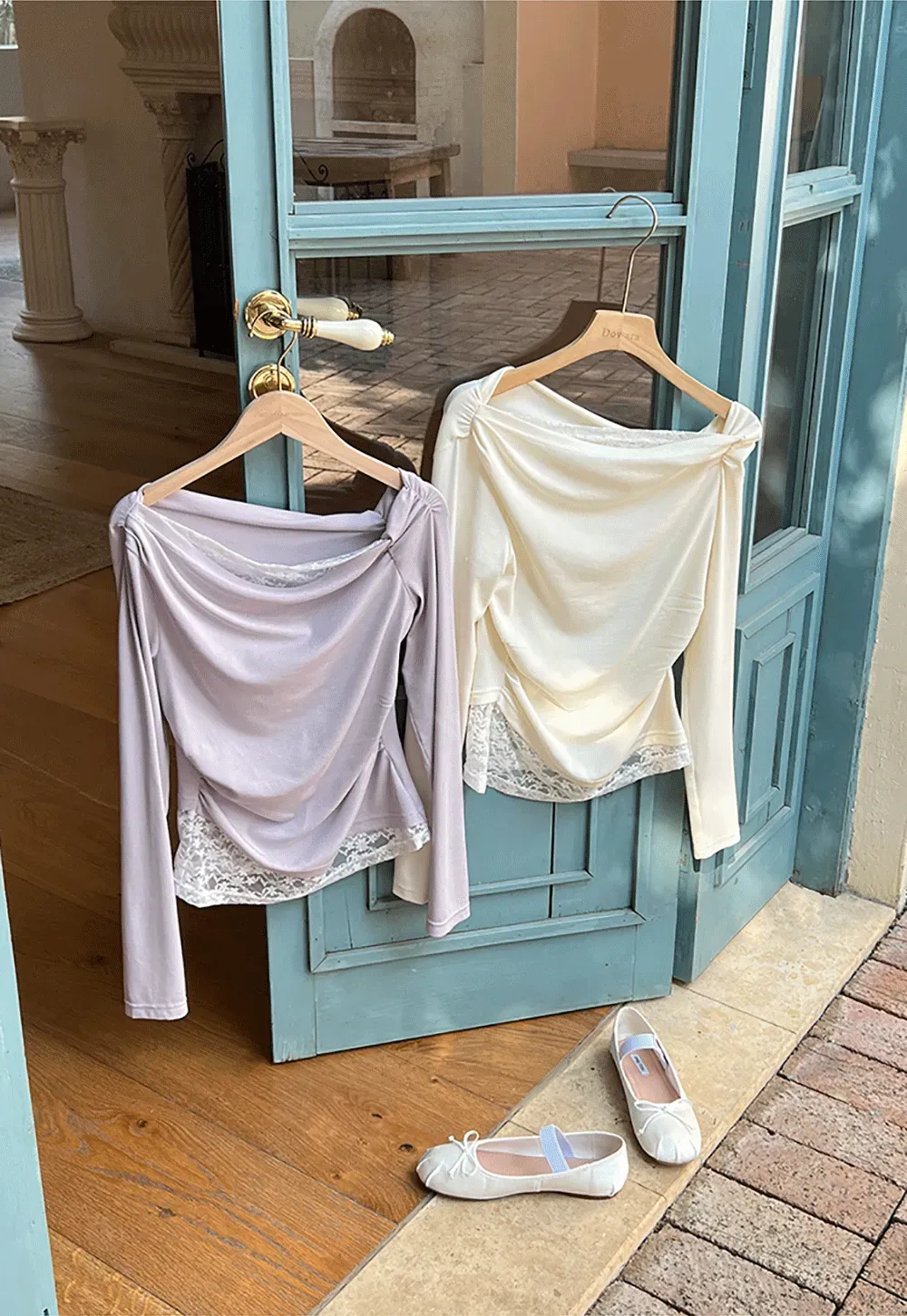 Off shoulder long sleeve top with lace trim