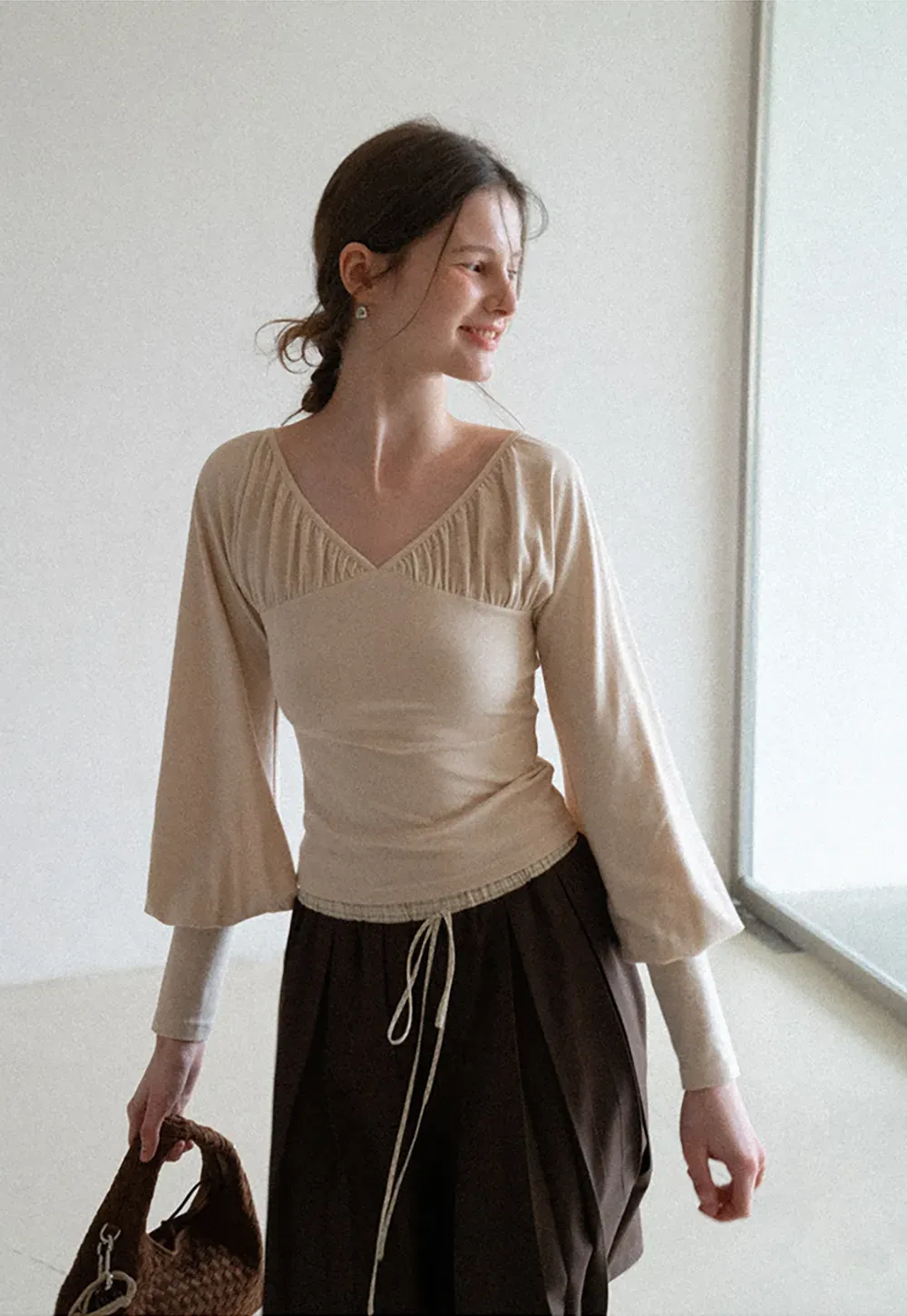 V neck long sleeve top with ruched detail