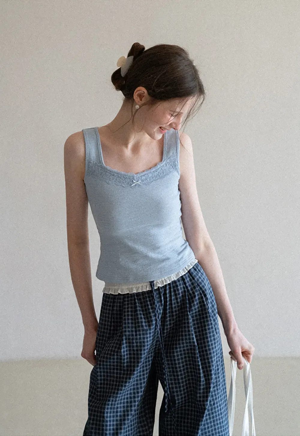 Wide Leg Plaid Casual Pants with Ruffled Waistband