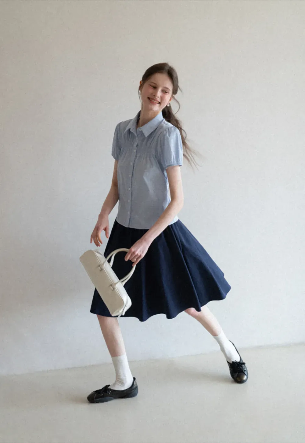 Short Sleeve Button Up Shirt with Pleated Detail