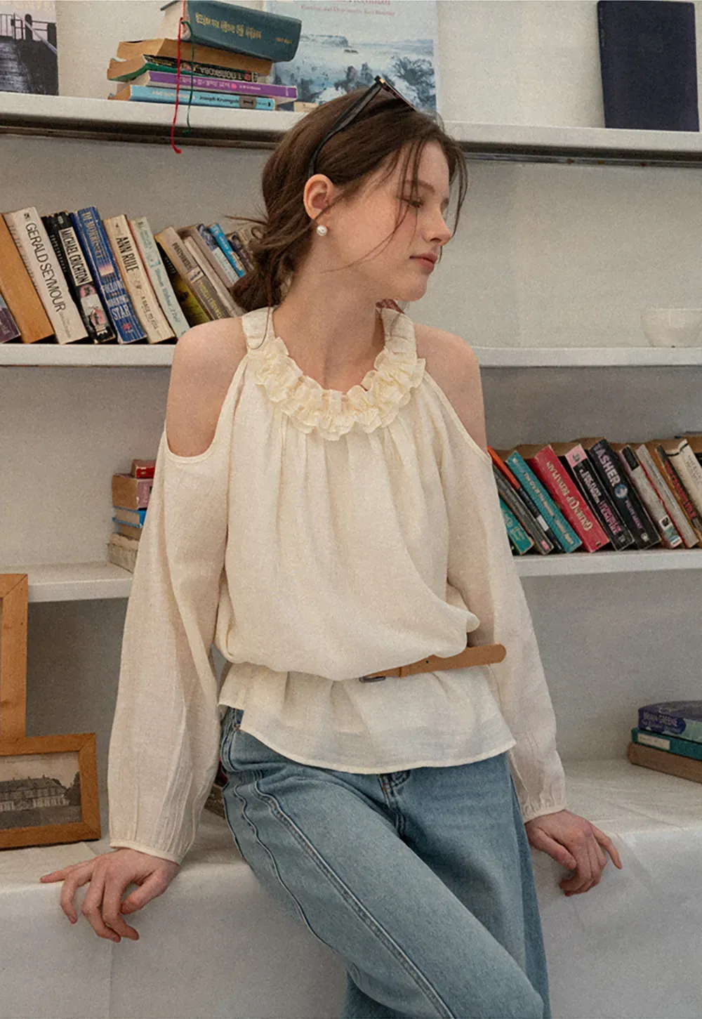 Lace Chiffon Blouse with Ruffled Neck and Cold Shoulder