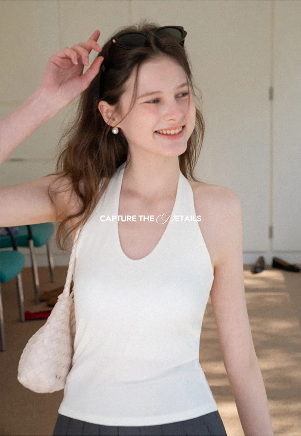 V neck halter tank top with fitted silhouette